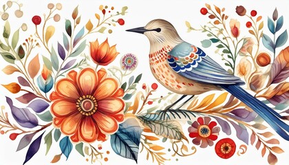 Fototapeta na wymiar Folk art watercolor with a bird and flowers