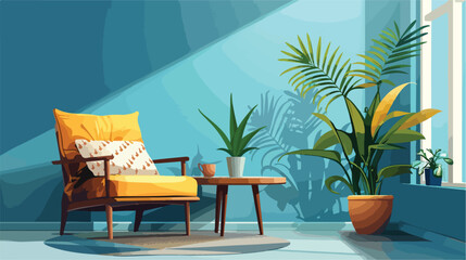 Cozy armchair with cushions and houseplant on coffee