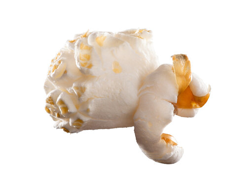 Food, single and popcorn snack in studio for nutrition or carbs, diet and corn isolated on white background. Air popped, grain and texture or detail of kernel for healthy calorie or digestive system.