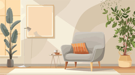 Cozy grey armchair with cushions in interior of light