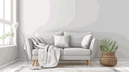 Cozy grey sofa and basket with soft blanket in interi