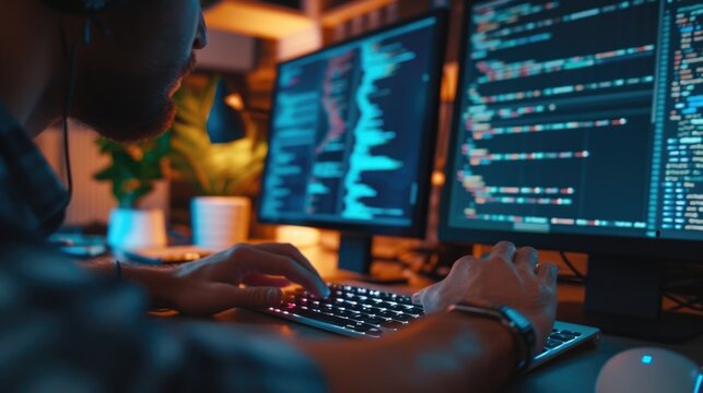 Close-up of a programmer's hands typing on a backlit keyboard, with lines of code displayed across multiple computer screens. AIG41