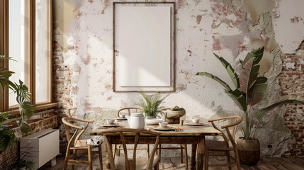 A rustic dining room with a white framed picture on the wall and a potted plant in the corner