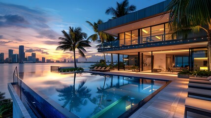 Fototapeta premium A stunning infinity pool, with palm trees and sun loungers on an outdoor patio, overlooks the skyline and a modern mansion with large windows. 