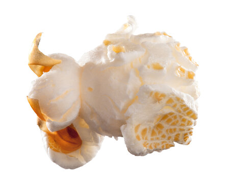 Food, single and popcorn snack in studio for nutrition or carbs, diet and corn isolated on white background. Air popped, grain and texture or detail of kernel for healthy calorie or digestive system.