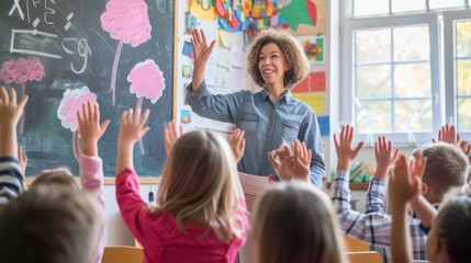 A joyful crowd of children in a classroom eagerly raise their hands, ready to share their answers, creating a lively and engaging community of learners. AIG41