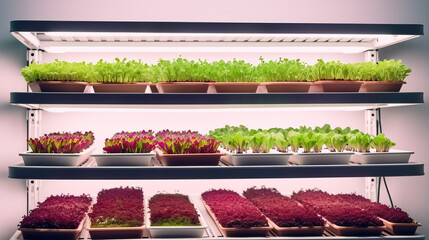 Microgreens on the shelves of a greenhouse with hydroponic vertical vegetable farms - obrazy, fototapety, plakaty