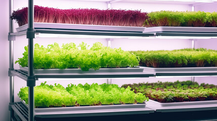 Microgreens on the shelves of a greenhouse with hydroponic vertical vegetable farms