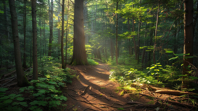 Eastern Hemlock tree-lined trail winding through a peaceful woodland setting, with sunlight filtering through the dense foliage,