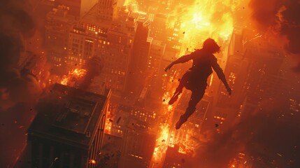 Daring rooftop escape: A figure leaps amidst an explosive urban backdrop