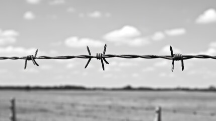 A close-up of a menacing barbed wire made of sharp spikes against a stark black and white background.