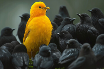 A yellow bird stands out in a group of black birds
