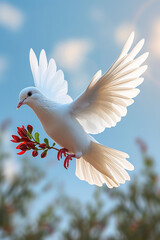 A white dove is flying with a red flower in its beak
