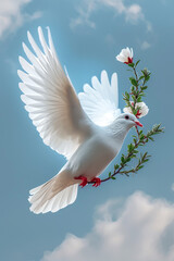 A white dove is perched on a branch with a flower