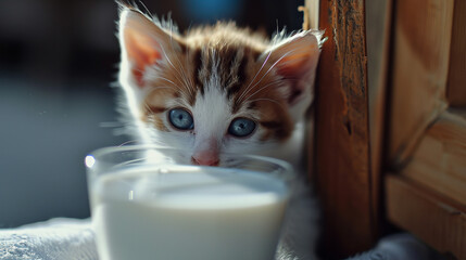 A kitten is drinking milk from a glass