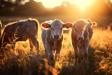 Three cows are standing in a field with the sun shining on them