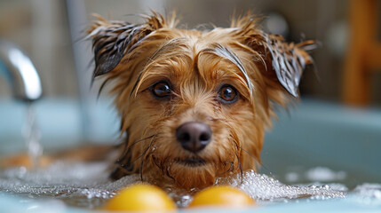 Yorkshire Terrier Enjoying Bath Time