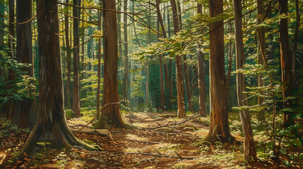 An idyllic woodland scene showcasing the rugged beauty of an Eastern Red Cedar forest, with sunlight filtering through the dense canopy and illuminating the forest floor,