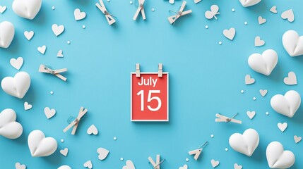 Commemorative date "July 15" on blue background with white hearts "World Youth Skills Day"