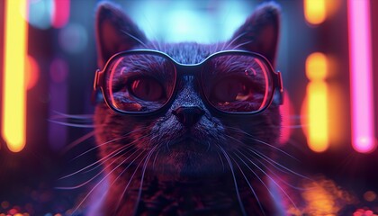 Naklejka premium Silhouette of metaverse tiny cute cat in virtual reality glasses 