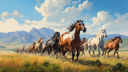 Painting of a herd of horses running freely in a green field. On a day when the sky is clear and beautiful, images for wallpaper or wall pictures - obrazy, fototapety, plakaty