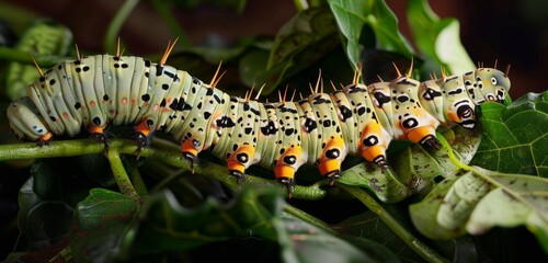 Green caterpillar with bright orange spots on a leaf.