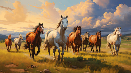 Painting of a herd of horses running freely in a green field. On a day when the sky is clear and beautiful, images for wallpaper or wall pictures