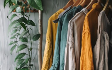 A rack of clothes with a green shirt on the top