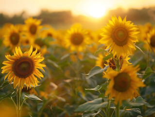 Bright yellow sunflowers dance in the wind in a vast field under a clear blue sky.