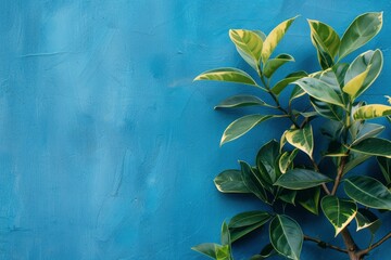 plant against a blue wall background with copy space - generative ai