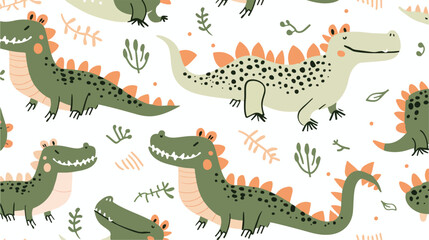 Cute cartoon hand drawn crocodile. Vector seamless