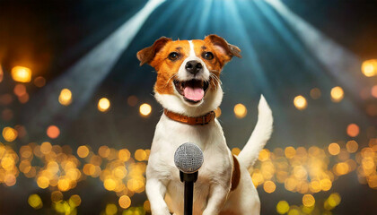 Closeup of a cute Jack Russell Terrier dog looking at camera in front of a professional microphone while he is singing on stage. Generative Ai.