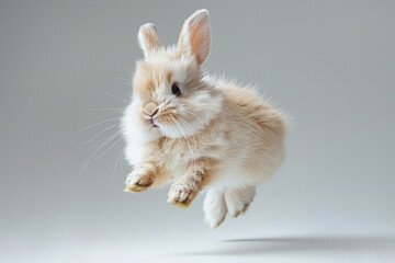 A fluffy bunny caught mid-hop