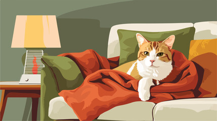 Cute cat with warm blanket sitting on sofa near 