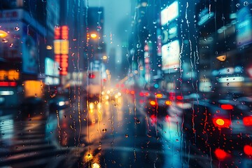 Fototapeta premium Captivating Cityscapes in the Rain:Vibrant Lights and Blurred Motion Creating Atmospheric Scenes for Advertisements