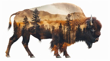 Graphic illustration of bison on a white background double exposure overlay with mountain landscape and forest