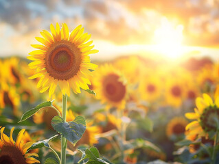 A vibrant field of sunflowers, their heads turning towards the sun in a bright display.