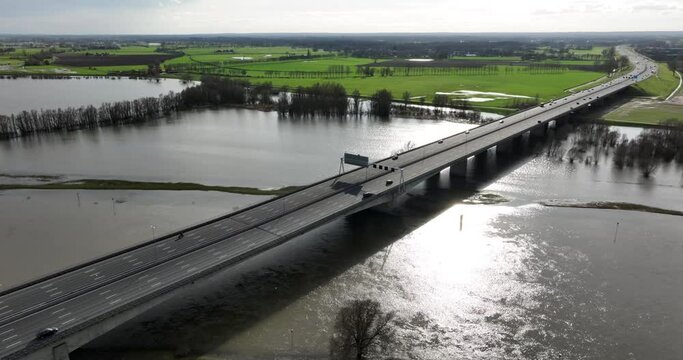 Aerial view of highway A1/E30 at Deventer. Here it crosses the IJssel river.