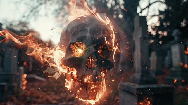 A skull head ghost that emits fire in the late afternoon at a very scary cemetery. seamless looping time-lapse virtual 4k video Animation Background.