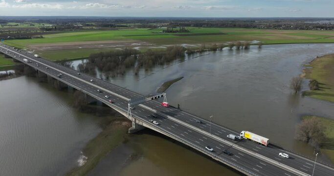 Aerial view of highway A1/E30 at Deventer. Here it crosses the IJssel river.