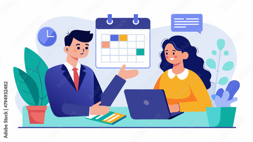 Poster an event planner meets with a client to discuss their budget and provide strategies for ting costs w
