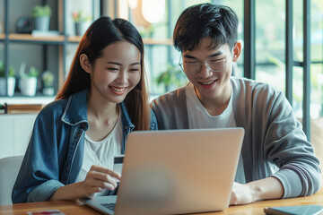 Young asian couple using laptop and credit card for online shopping.
