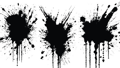 Ink Splashes: Black Inked Splatter, Dirt Stain, Spray Splash with Drops and Blots Isolated on Transparent Background.