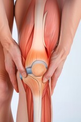 A woman holding her knee in pain on a white background
