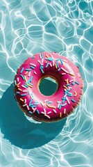 A pink donut with sprinkles is floating on the azure water of a pool