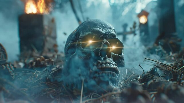 the eyes of a skull head that emits fire in a very scary cemetery. seamless looping time-lapse virtual 4k video Animation Background.
