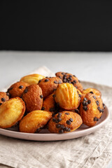 Homemade Chocolate Chip Madeleines on a Plate, side view.