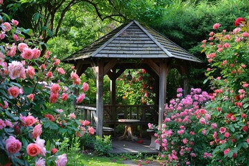 Garden with wooden pavilion surrounded by blooming roses
