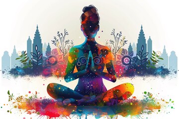 Colorful silhouette of a girl doing yoga on the theme of International Yoga Day