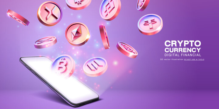 Bitcoin, Ethereum, Binance, Tether, Solana, XRP cryptocurrency come out from smartphone, 3D Vector illustrator